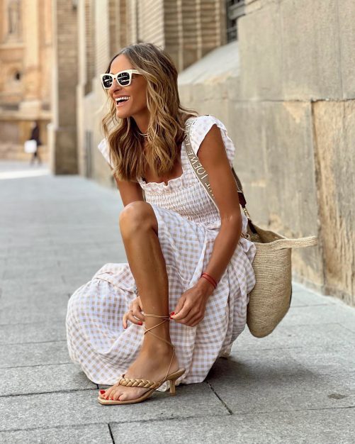 Summer Patchwork Plaid Sling Elastic Swing Dress in Dresses