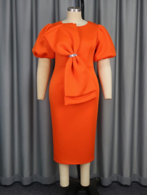 Elegant Puff Sleeve Round Neck Bow High Waist Slim Fit Party Evening Dress in Dresses