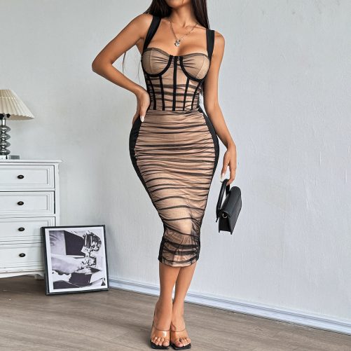 Sexy Stitching Sheer Mesh Pleated Slim Hip Dress in Dresses
