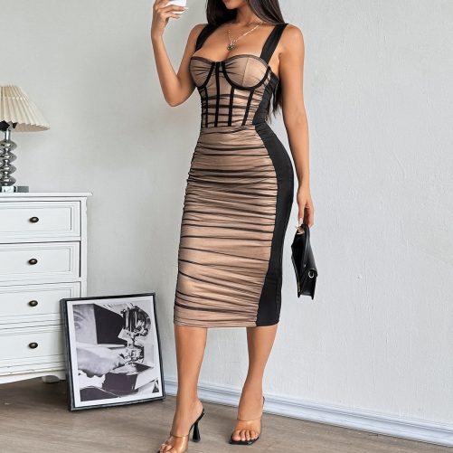 Sexy Stitching Sheer Mesh Pleated Slim Hip Dress in Dresses