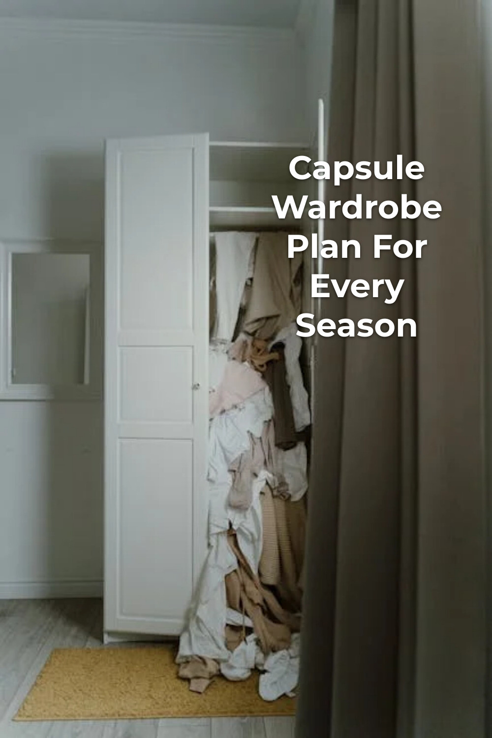 Capsule Wardrobe Planning in a White Closet Capsule wardrobe planning in an open white closet with piled clothes in a minimalist room
