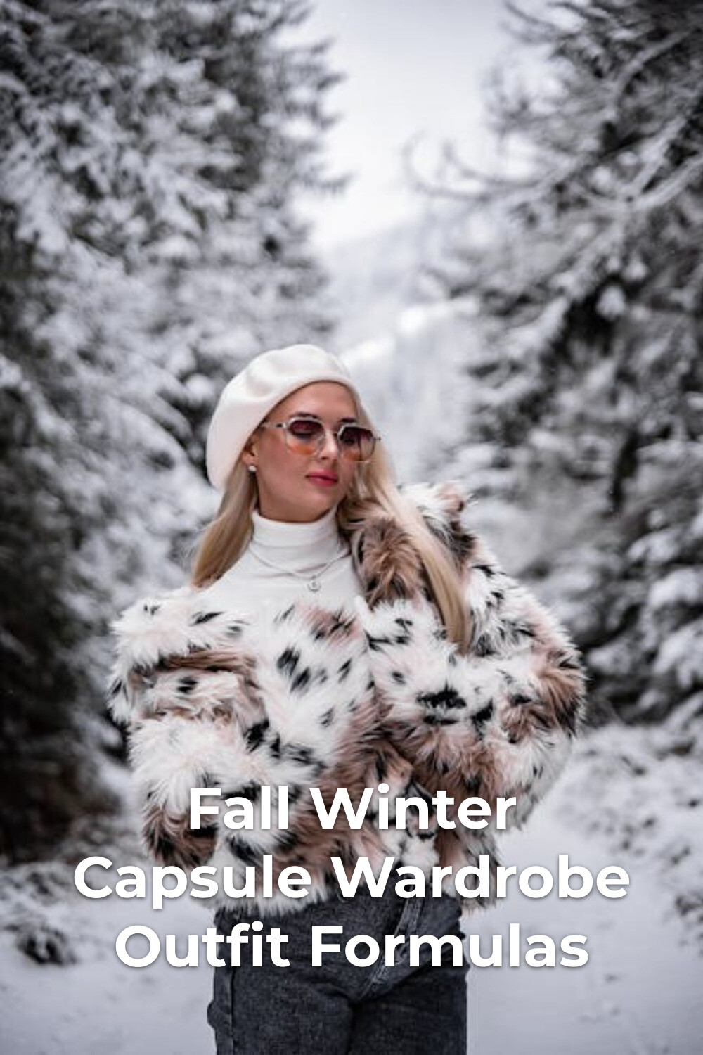 Fall winter capsule wardrobe look: woman in beret, sunglasses, white turtleneck and spotted fur coat on snowy path