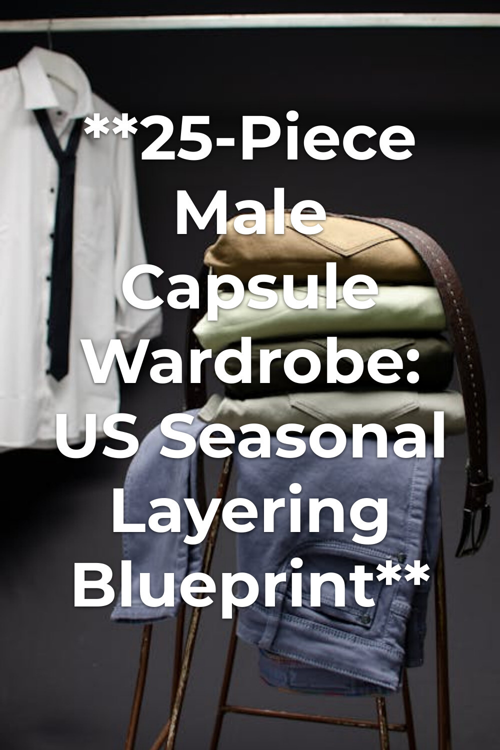 Male Capsule Wardrobe Essentials Setup Male capsule wardrobe essentials with white shirt, dark tie, folded clothes, and jeans on chair