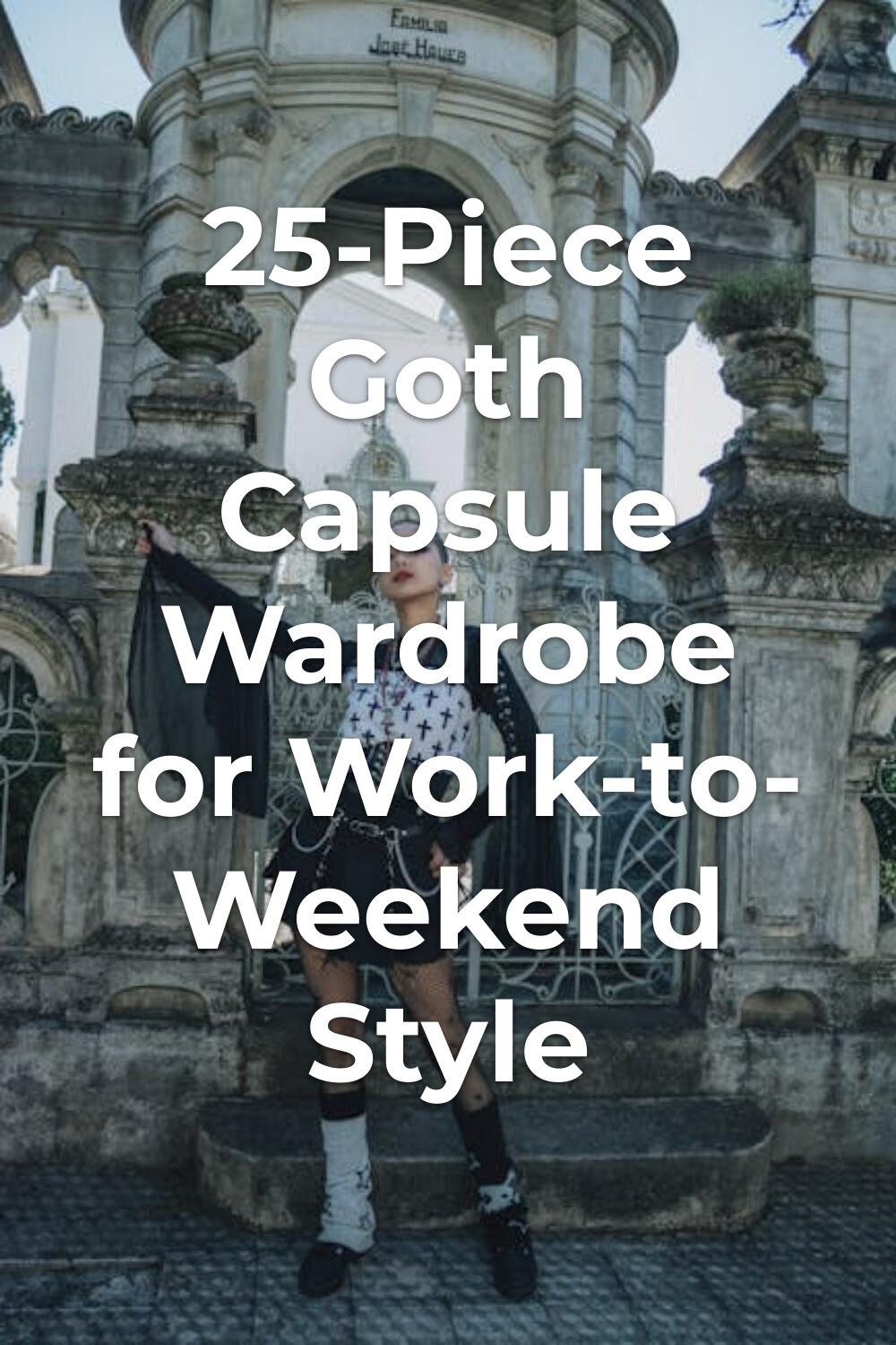 Minimalist Goth Capsule Wardrobe Outfit goth capsule wardrobe look in black and white with sheer sleeves and patterned stockings on stone steps