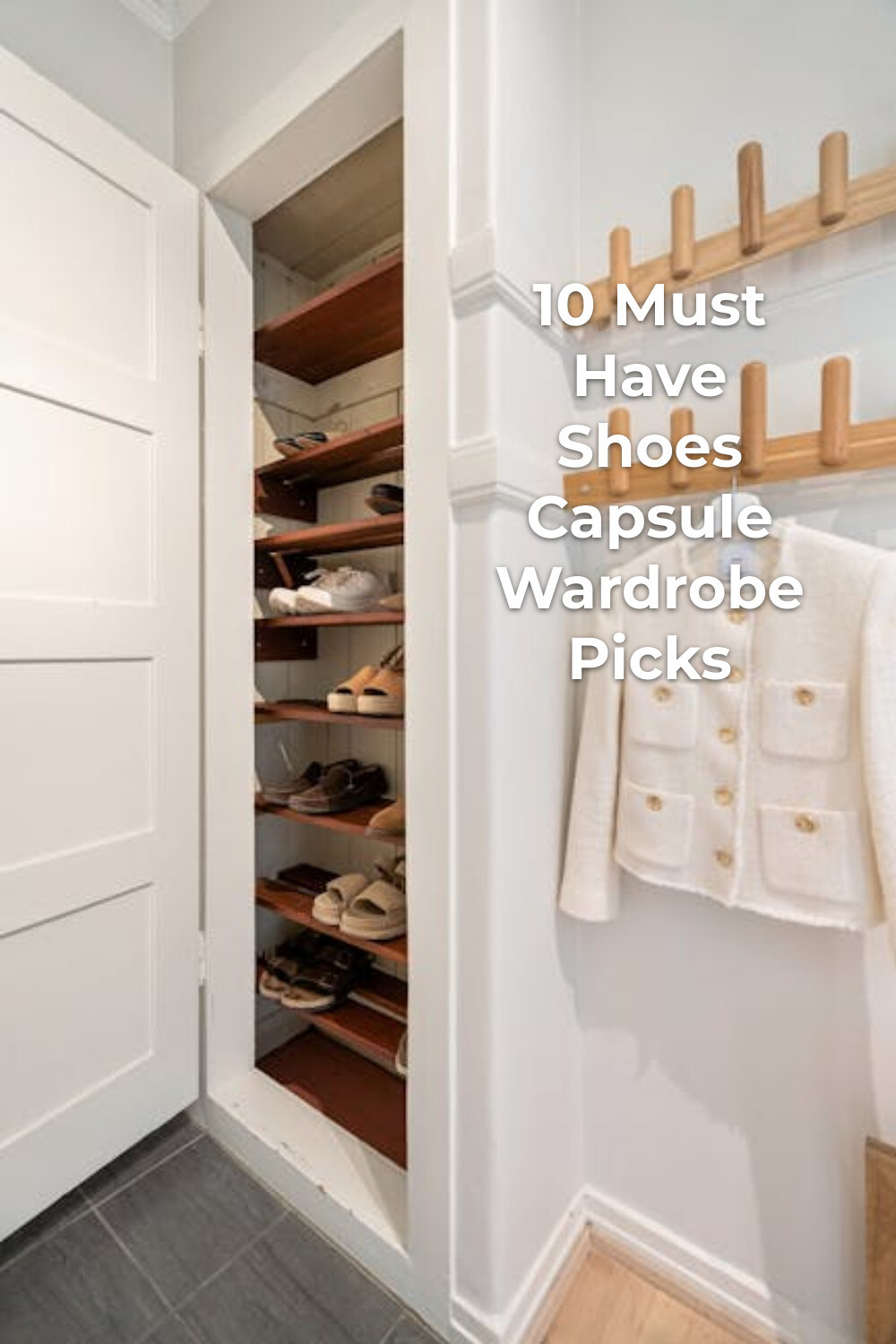 Shoes capsule wardrobe setup with white jacket on hook and open closet shelves displaying neatly arranged shoes
