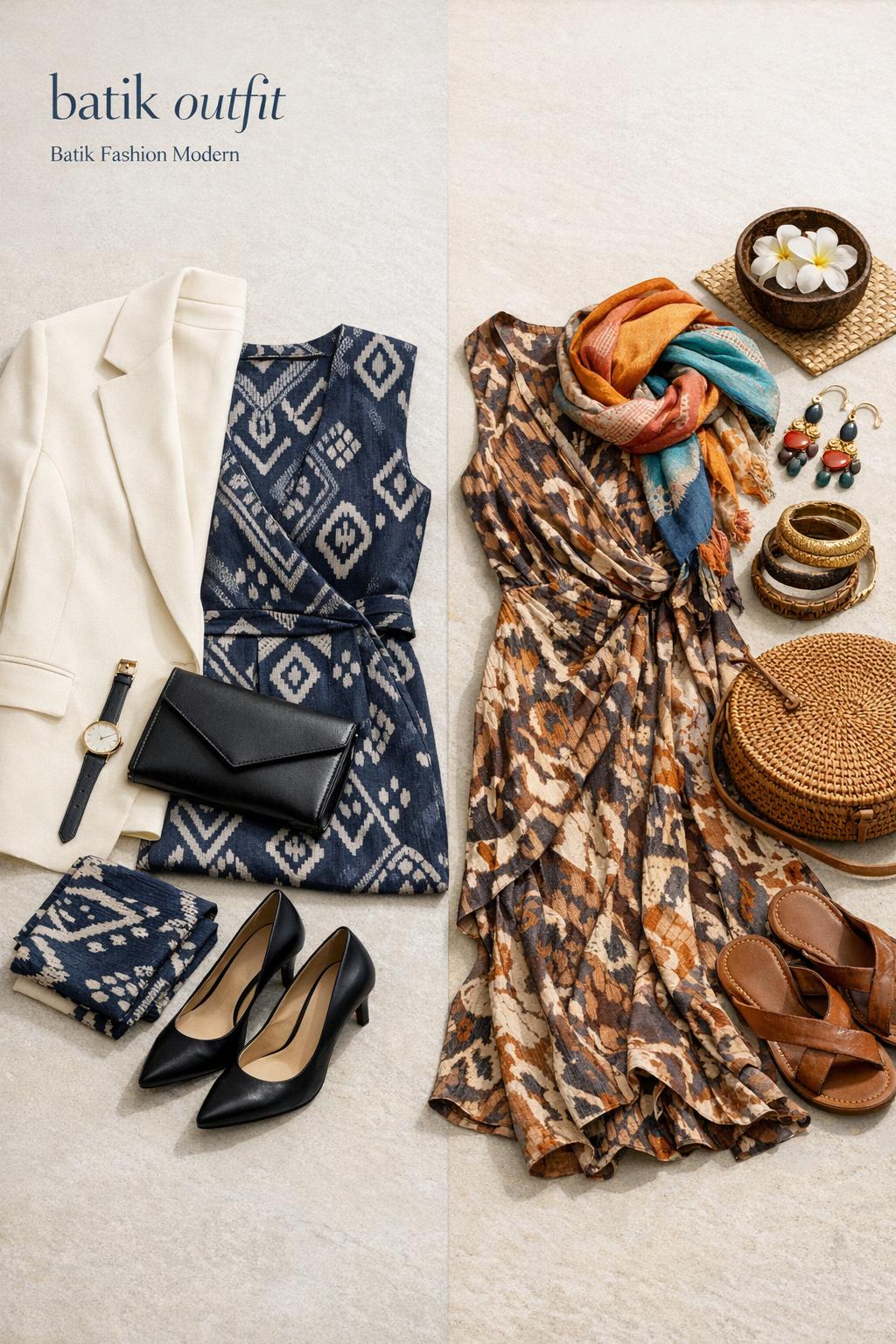 Batik outfit flat lay with minimalist and casual maximalist looks on a pale stone surface in soft daylight