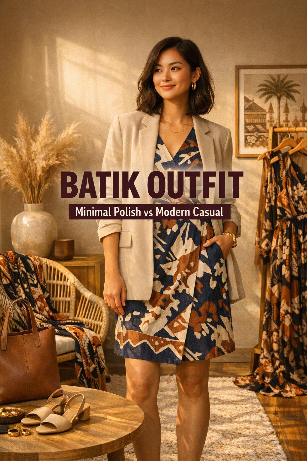 Batik outfit in warm golden-hour modern lounge, woman in tailored batik dress and beige blazer with rattan chair and pampas decor