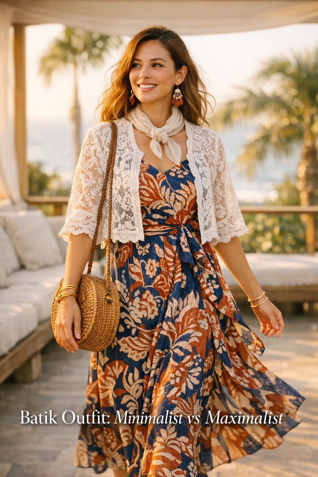 Batik outfit on stylish woman walking on a coastal resort veranda at golden hour with modern kebaya-inspired layer