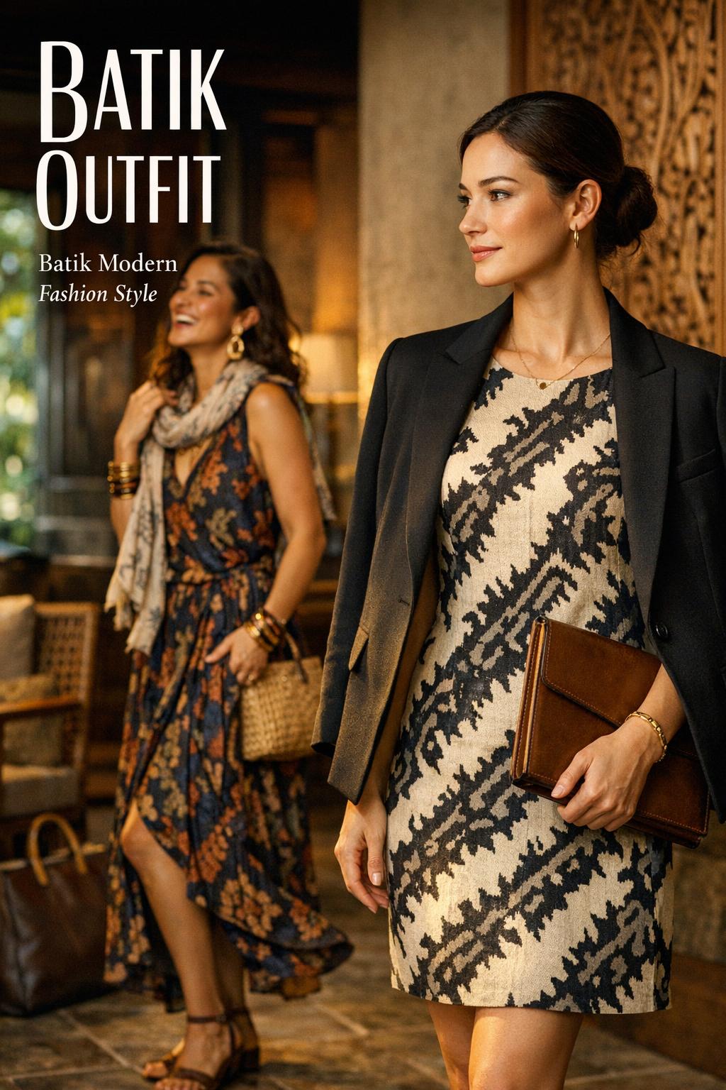 Batik outfit styles in a boutique hotel lobby, two women in modern batik dresses with moody window light and text overlay
