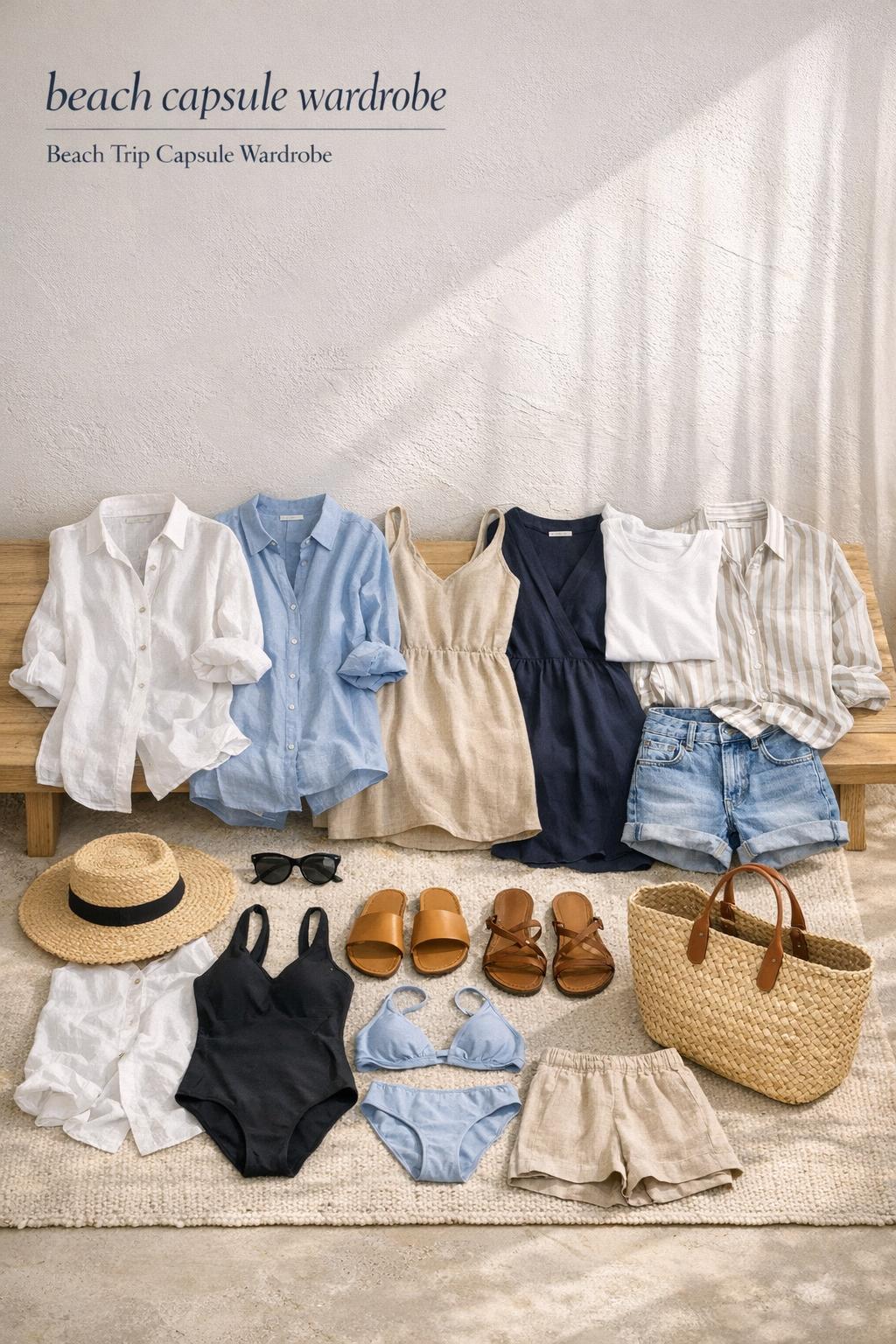 Beach capsule wardrobe flat lay with neutral resort outfits, sandals, straw hat and woven tote in sunlit coastal interior