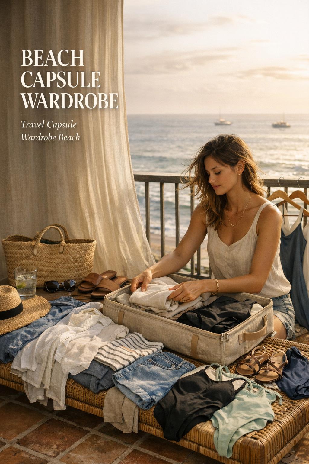 Beach capsule wardrobe packing on a sunlit seaside hotel balcony with linen suitcase, neutral outfits, and ocean view