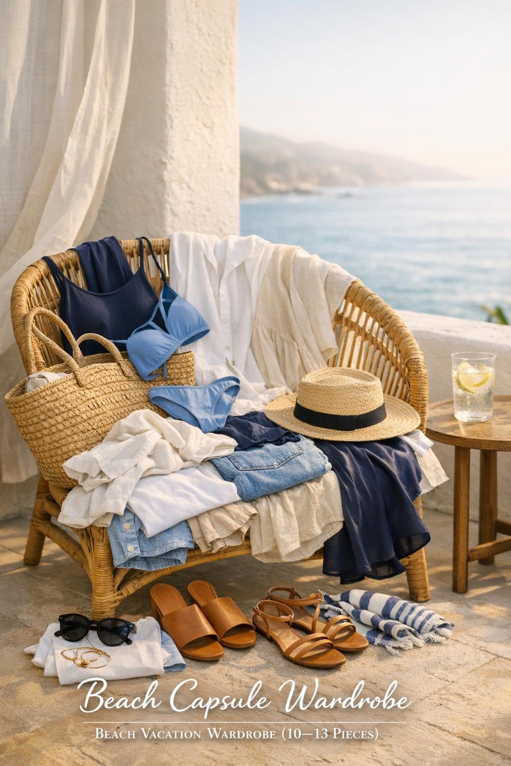 Beach capsule wardrobe flat lay in a woven tote on a seaside balcony at golden hour, ocean view softly blurred