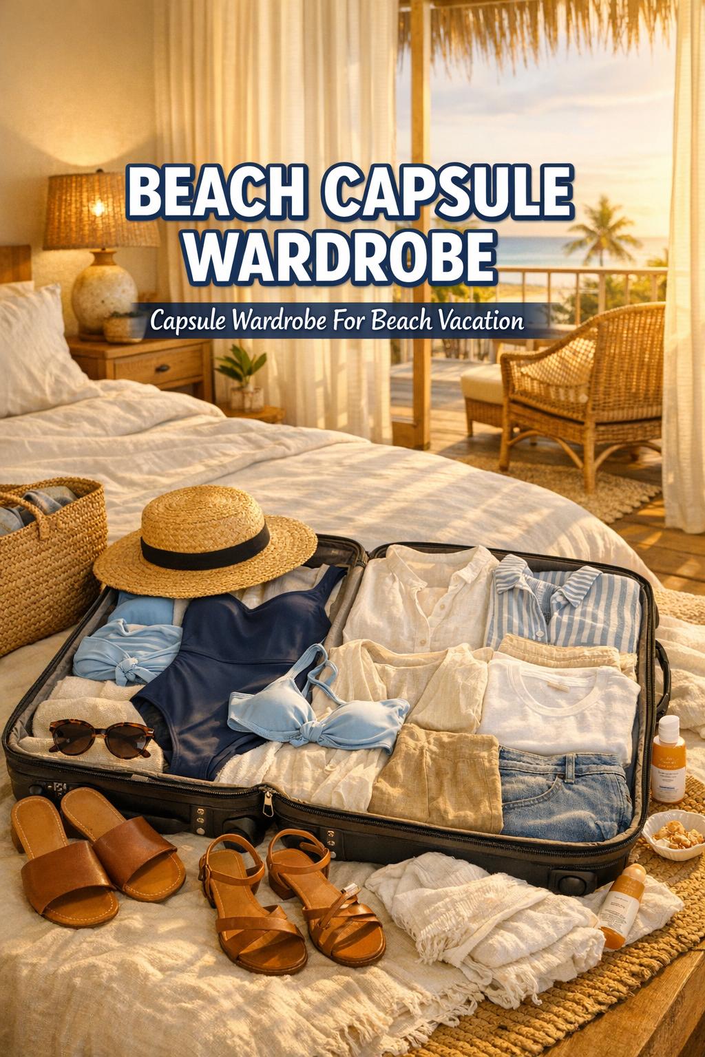 Beach capsule wardrobe packed in an open suitcase on a resort bed in warm golden-hour coastal bedroom light