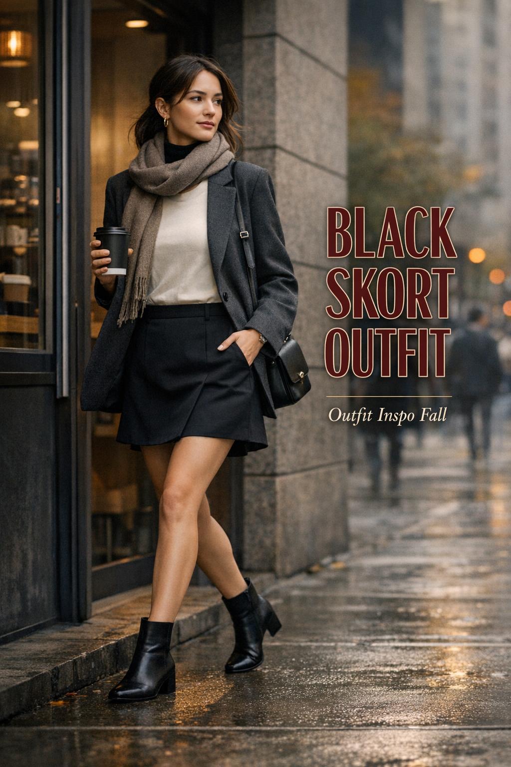 Stylish woman leaving a downtown cafe in a black skort outfit with blazer and ankle boots, fall city street bokeh