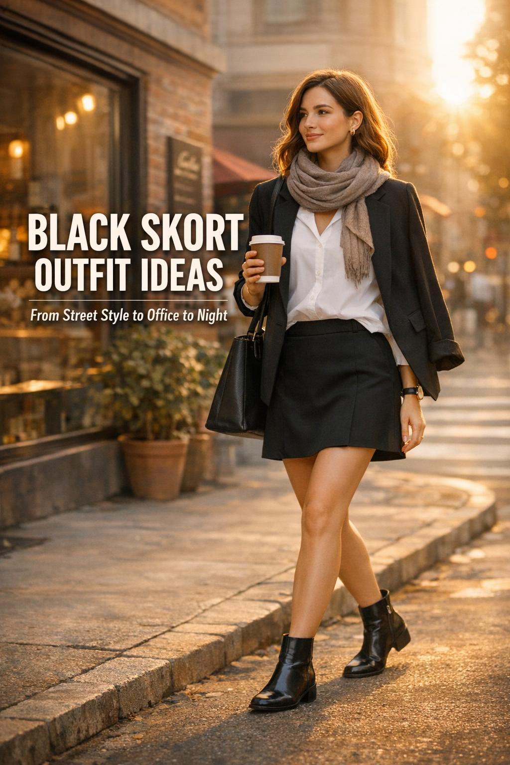 Black skort outfit ideas on a stylish woman walking past a cafe at golden hour in a chic city street look