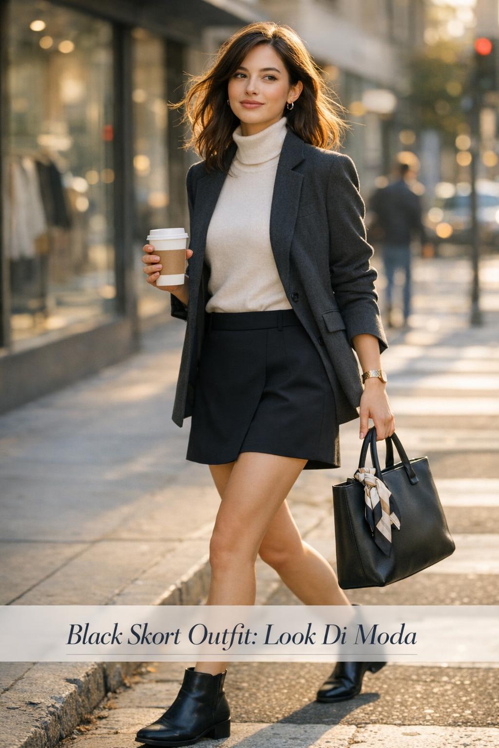 Black skort outfit on a stylish woman walking at golden hour with blazer, ivory turtleneck, coffee and tote in the city