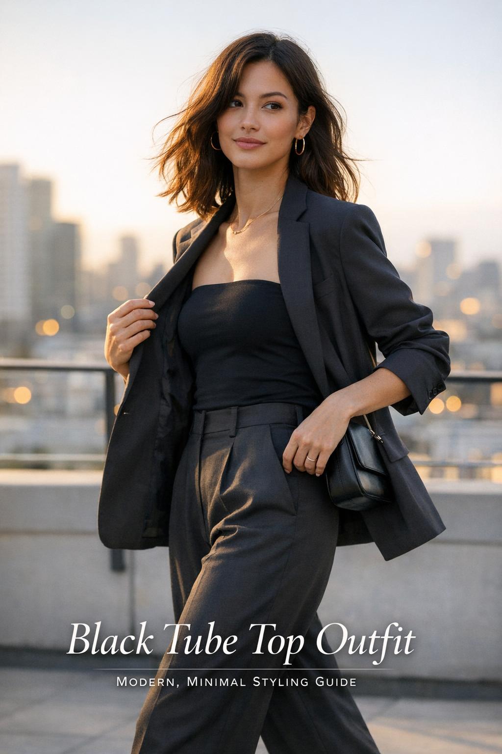 Stylish woman on a golden-hour rooftop wearing a black tube top outfit with wide-leg trousers and an open blazer.