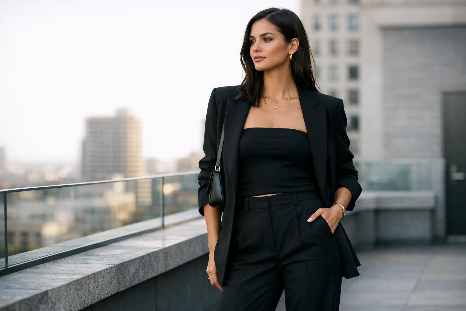 Quietly Confident: A black tube top outfit styled in noir tones