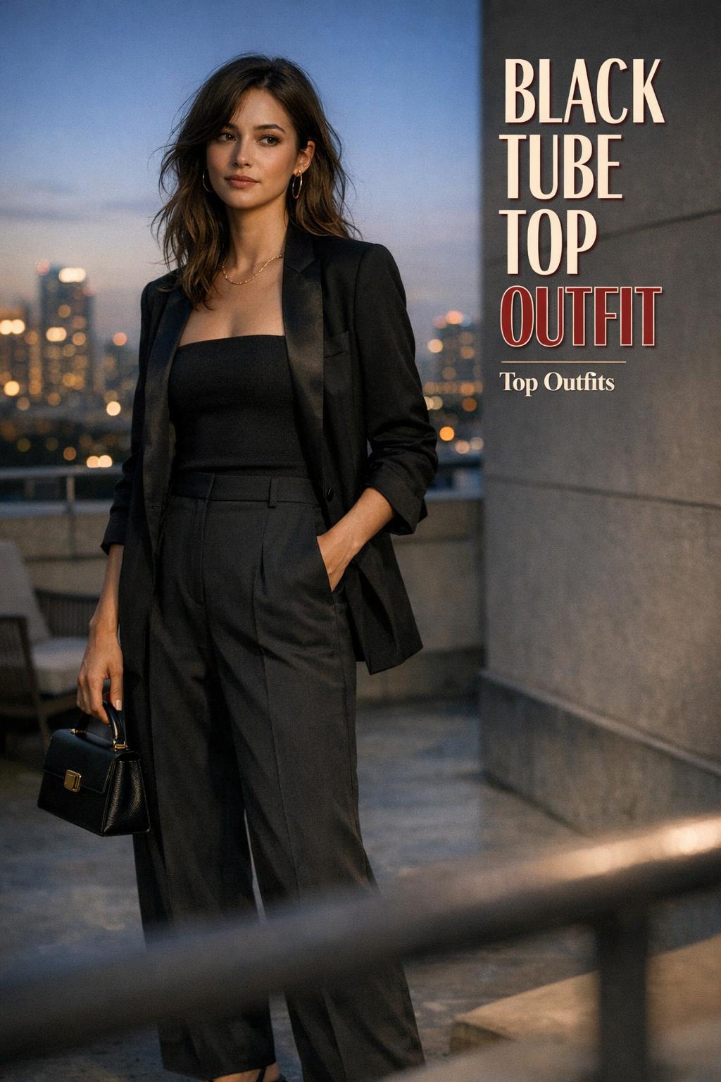 Stylish woman on a city rooftop at blue hour wearing a black tube top outfit with tailored trousers and blazer