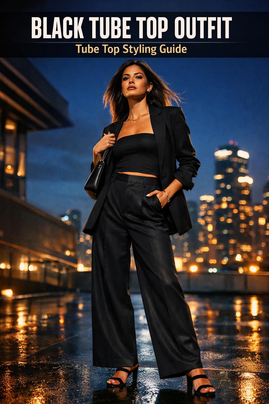 Black tube top outfit styled with sleek jeans and minimal accessories in a modern streetwear look