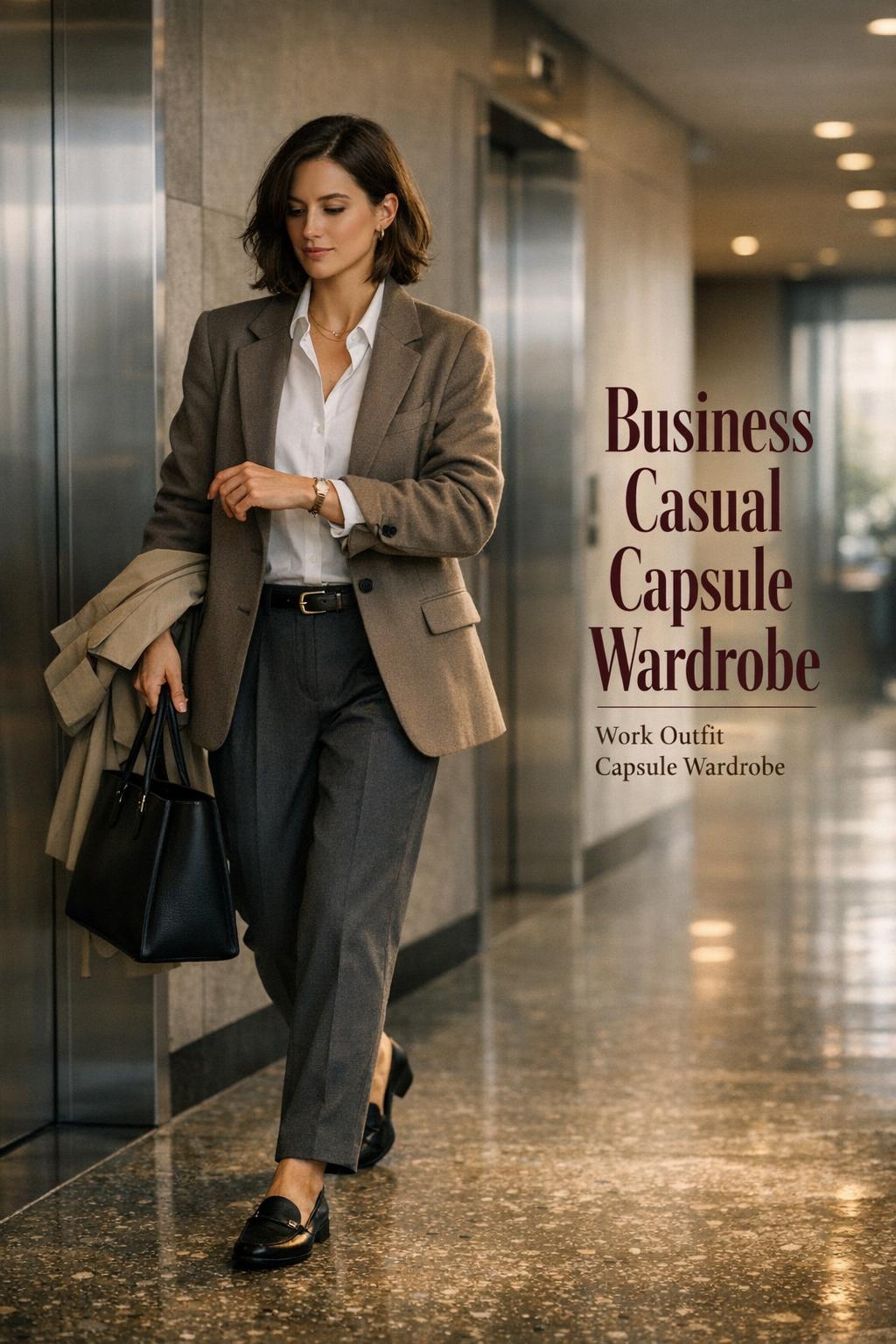 Business casual capsule wardrobe look in a modern office hallway, stylish woman adjusting blazer by elevator in soft window light.