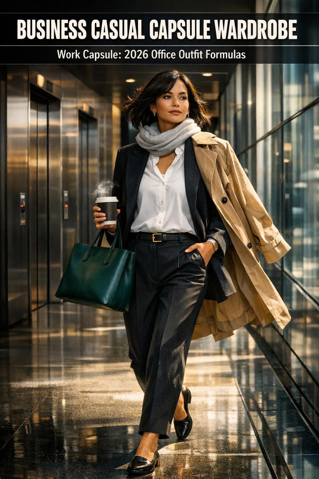 Business casual capsule wardrobe with neutral blazers, trousers, and shirts neatly arranged on hangers