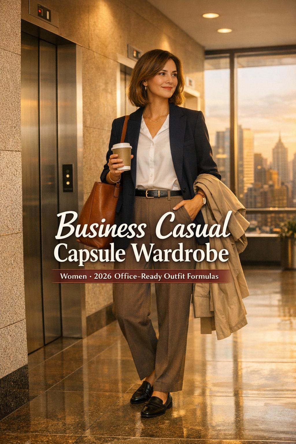 Woman in blazer by elevators with tote and coffee, business casual capsule wardrobe in warm golden-hour office hallway