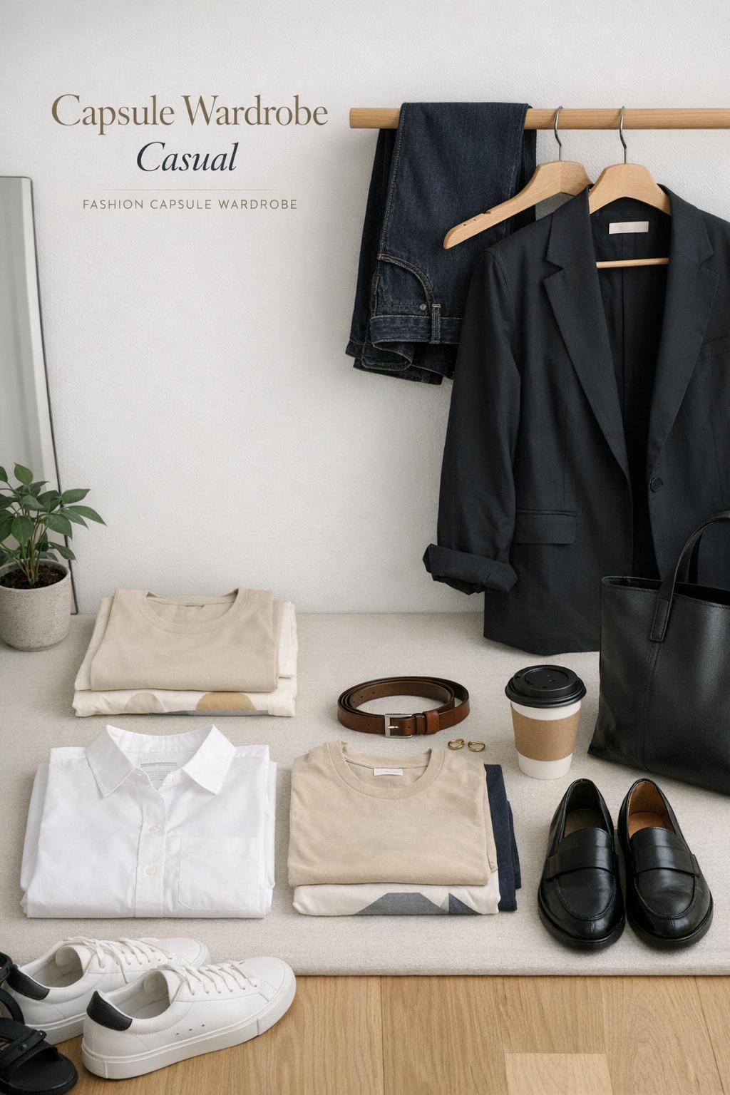 Capsule wardrobe casual flat lay with white shirt, dark jeans, blazer, sneakers, loafers, and minimal accessories in bright entryway