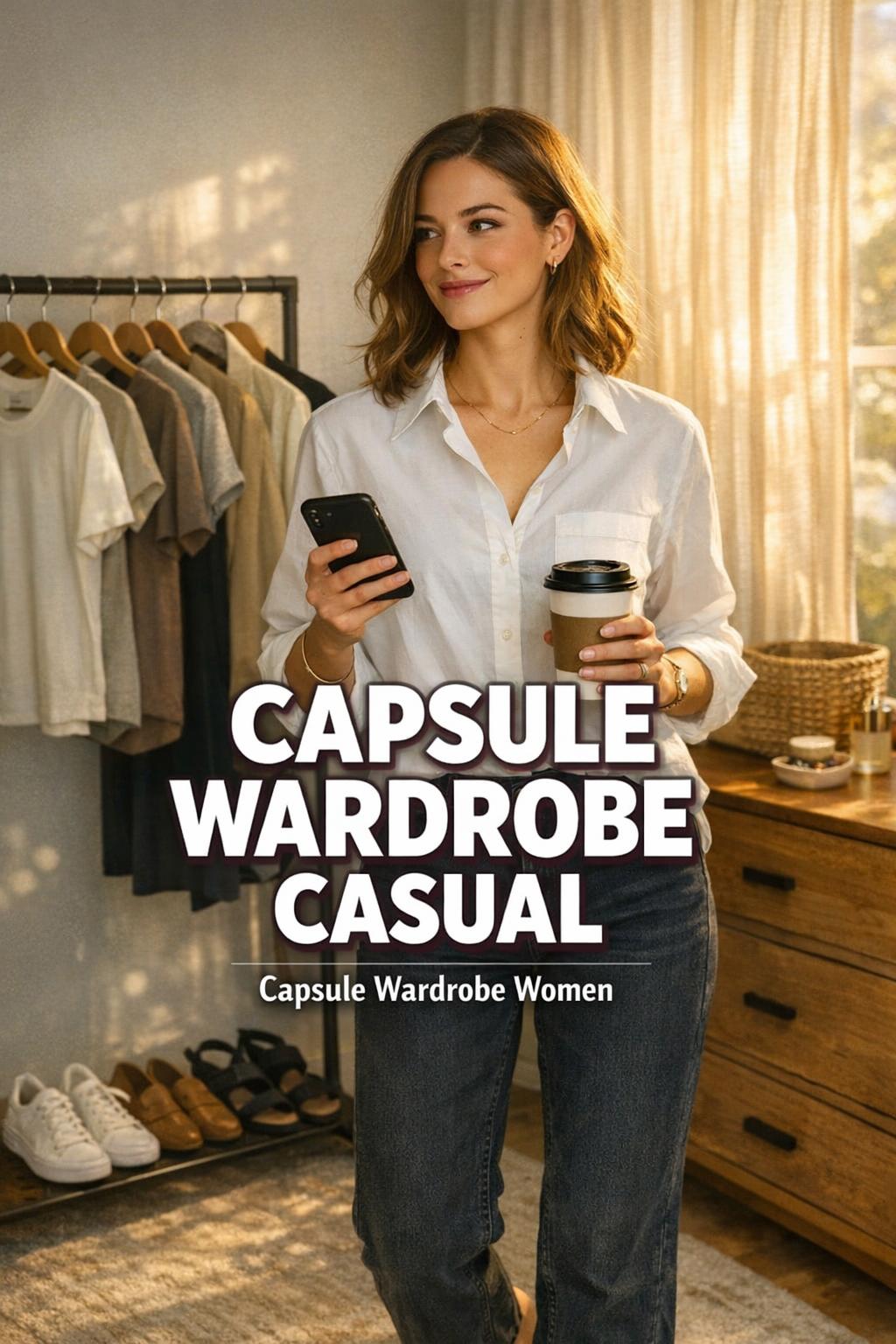 capsule wardrobe casual morning outfit with woman getting ready in a modern bedroom beside a neutral capsule wardrobe rack