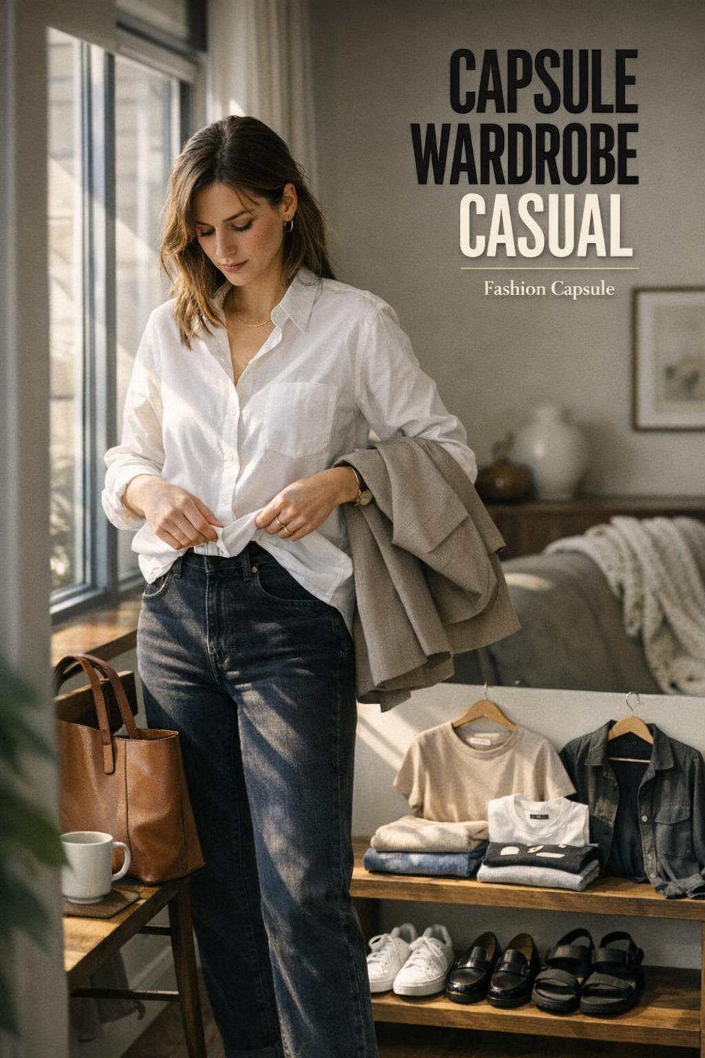 Capsule wardrobe casual outfit in a modern apartment entryway, woman styling a white button-down with jeans in morning light