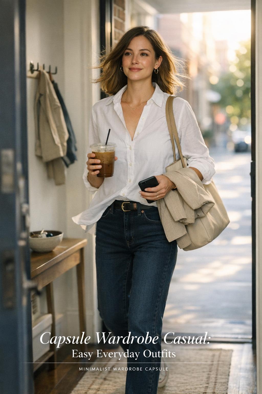 capsule wardrobe casual woman stepping out of a sunlit apartment with iced coffee, phone, tote, and white shirt with jeans