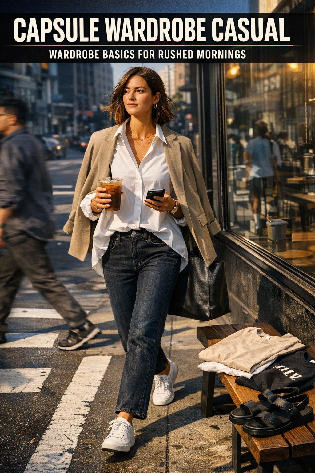 Capsule wardrobe casual outfits neatly arranged on a clothing rack in a bright, minimalist room