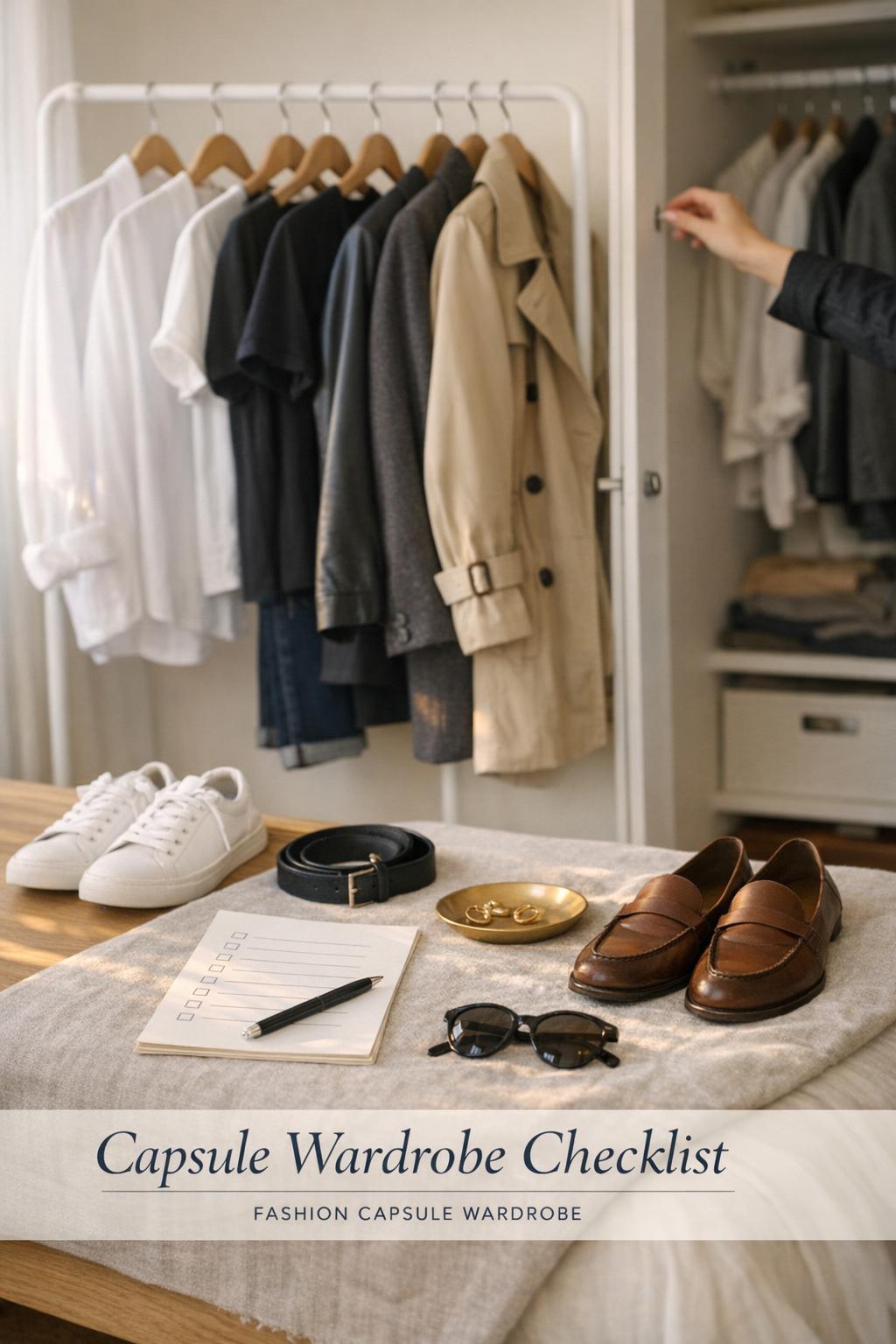 Capsule wardrobe checklist on planner beside neutral clothes in a bright walk-in closet with shoes and accessories