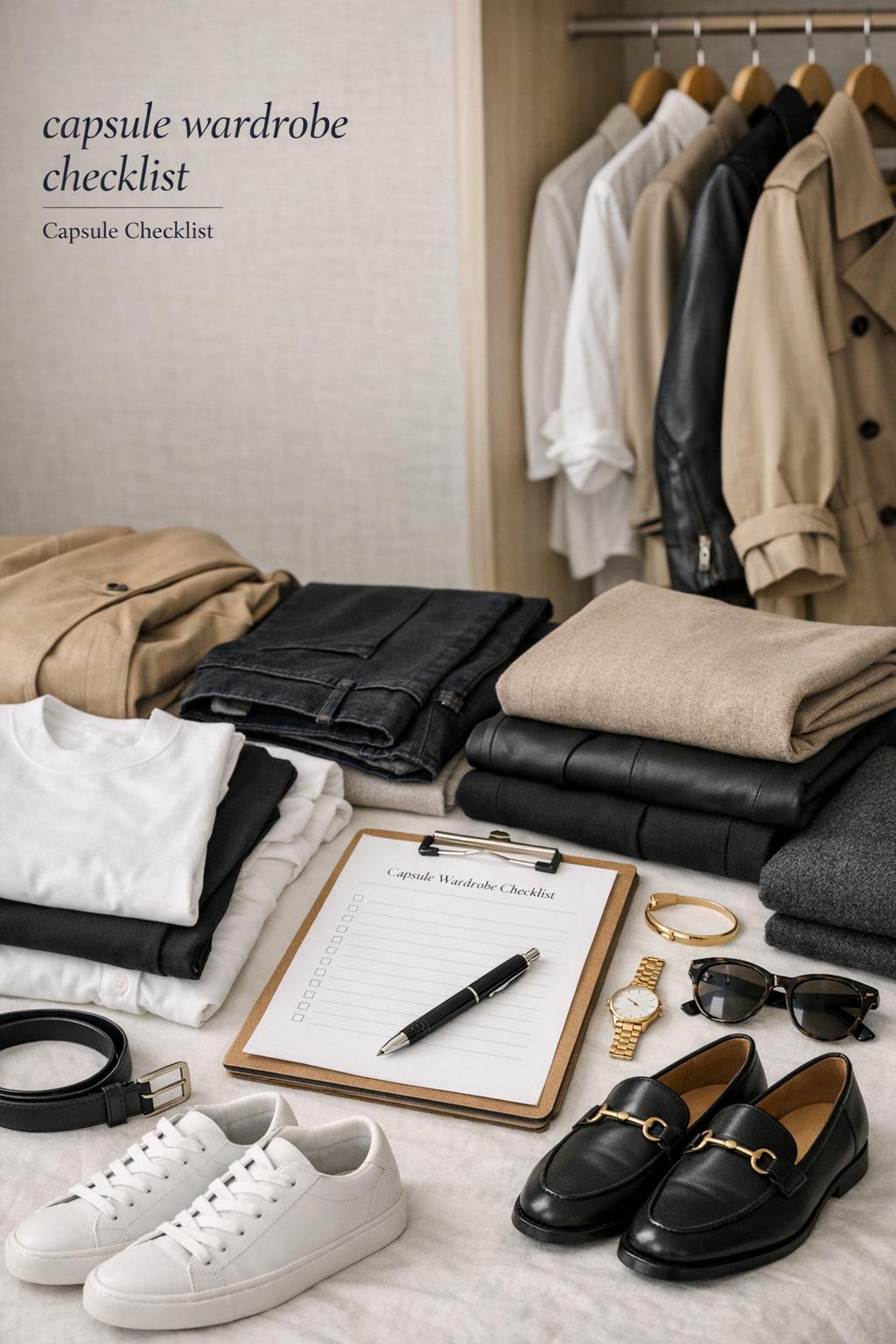 Capsule wardrobe checklist flat lay with neutral capsule clothing, sneakers, loafers, and accessories in a modern closet setting