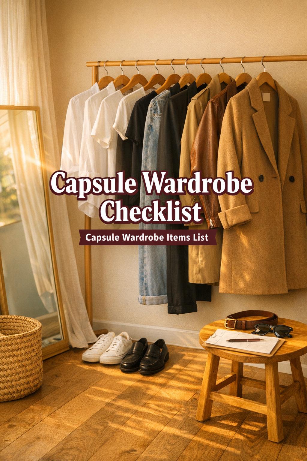 Capsule wardrobe checklist closet corner with neutral basics on rack, mirror, woven basket, shoes, and planner in warm light