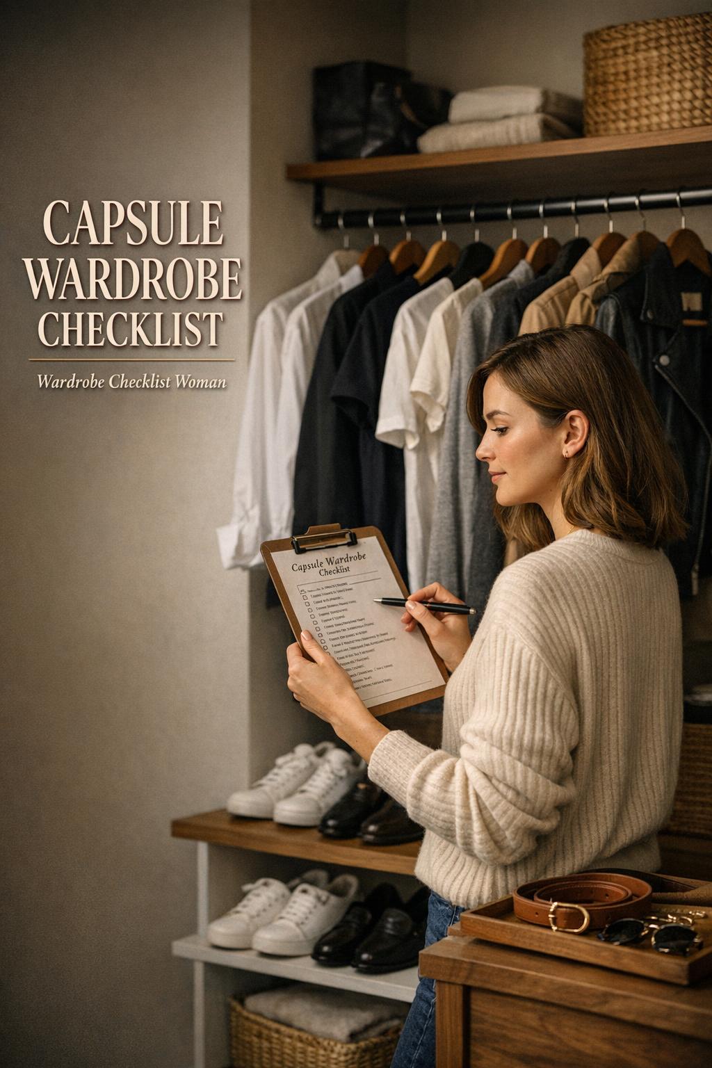Woman reviewing a capsule wardrobe checklist in a minimalist walk-in closet with neutral clothing rack and accessories