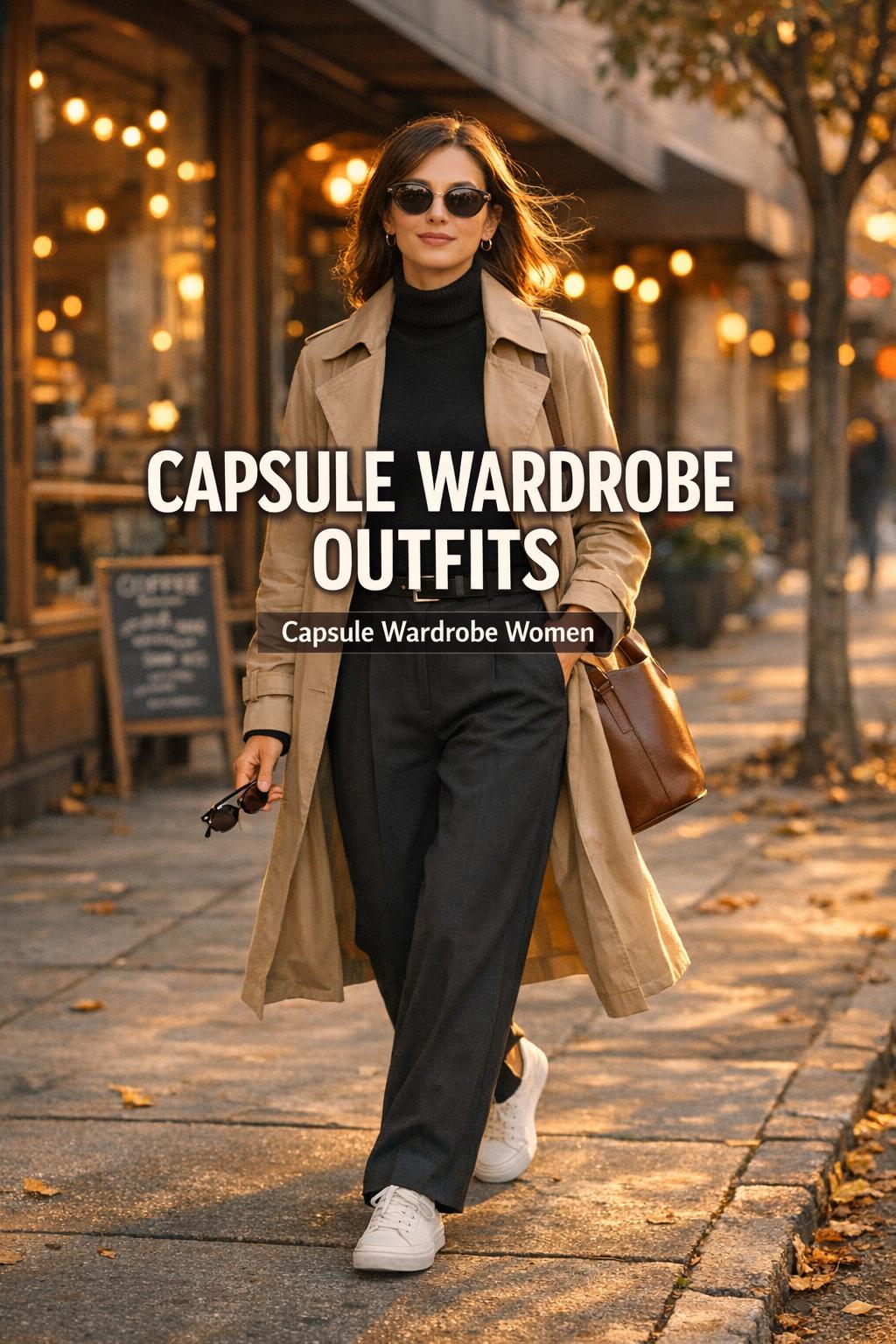 Capsule wardrobe outfits on city sidewalk: woman in beige trench coat, black turtleneck, wide-leg trousers and sneakers