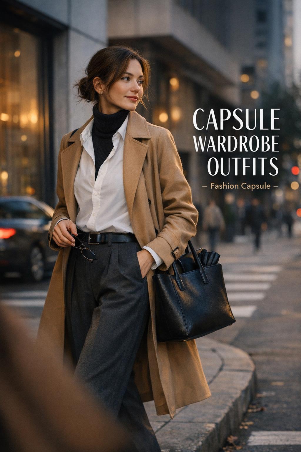 Capsule wardrobe outfits style on a modern city sidewalk at golden hour, woman in camel trench with minimal accessories