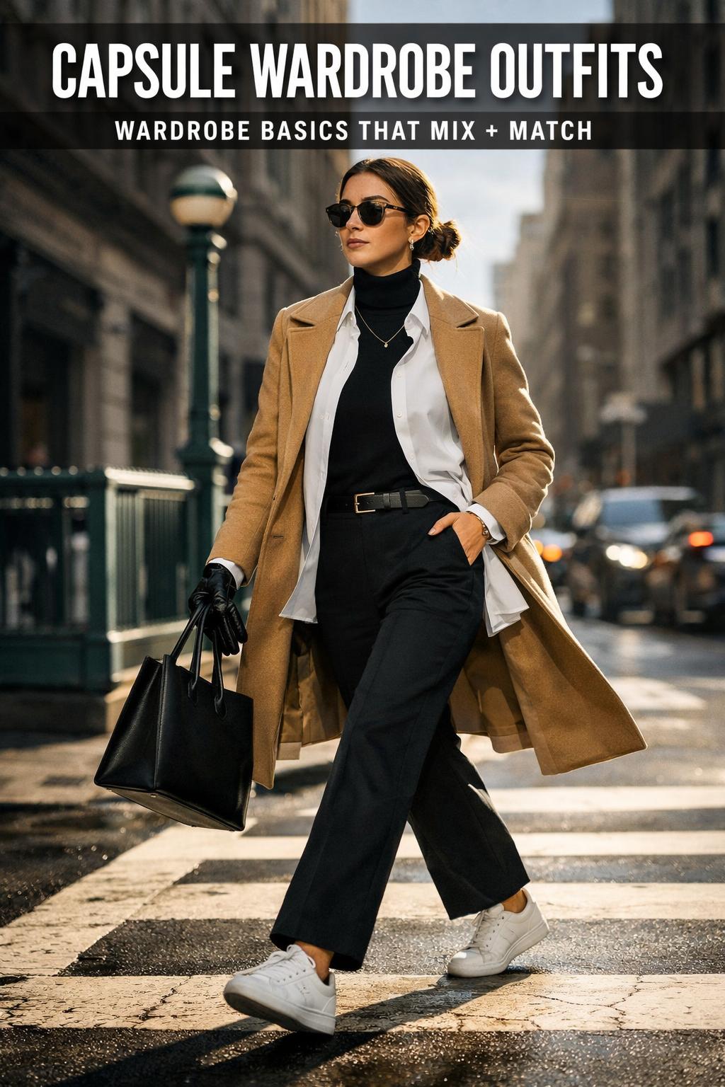 Capsule wardrobe outfits arranged on a clothing rack with neutral basics and accessories in soft natural light