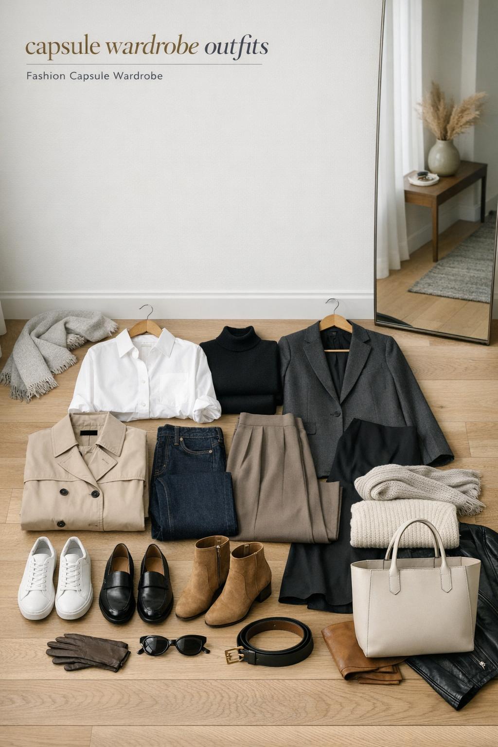 Capsule wardrobe outfits flat lay with neutral coats, knits, trousers, denim, and shoes in a modern apartment entryway