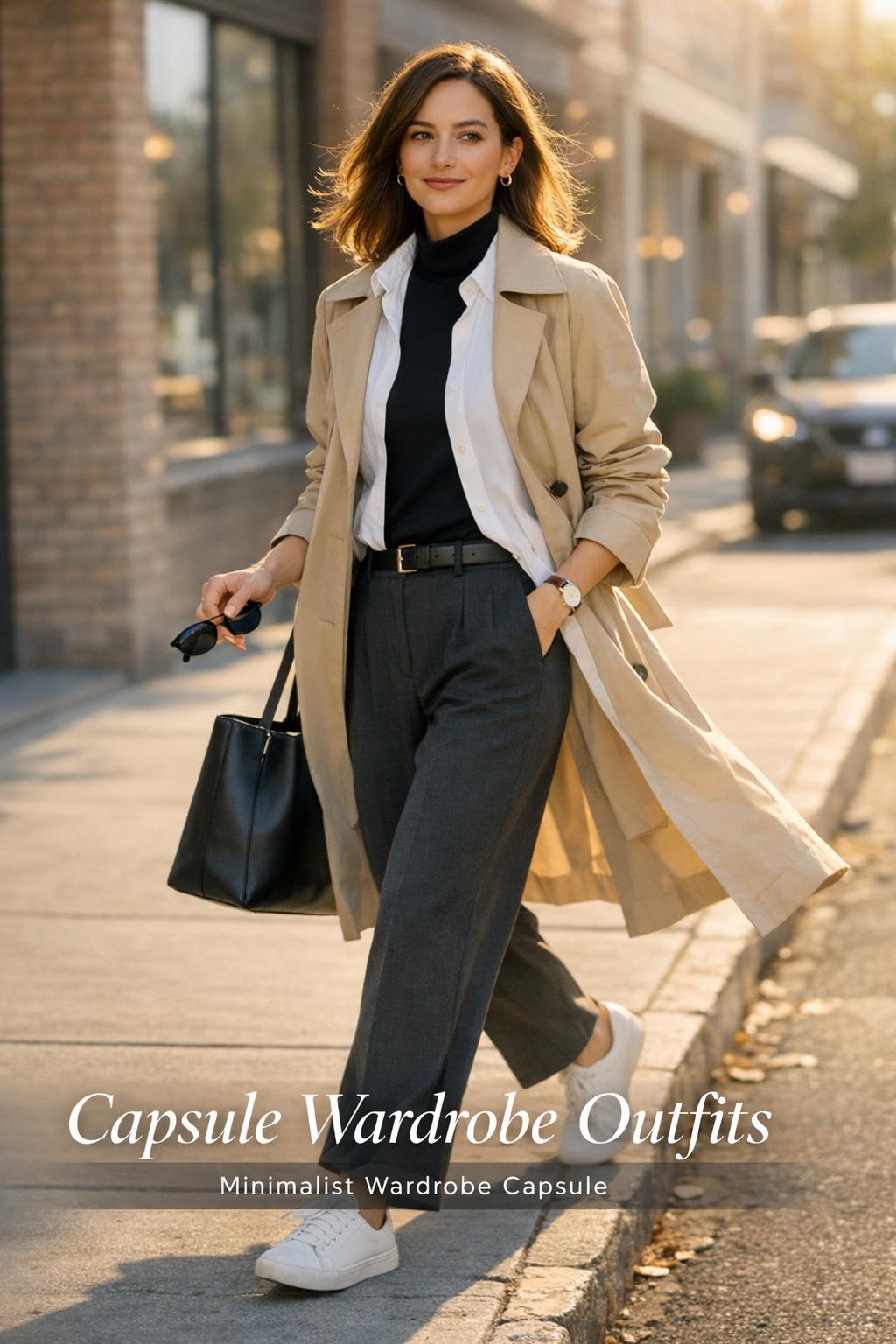 Capsule wardrobe outfits: stylish woman in beige trench coat walking at golden hour with black tote and white sneakers