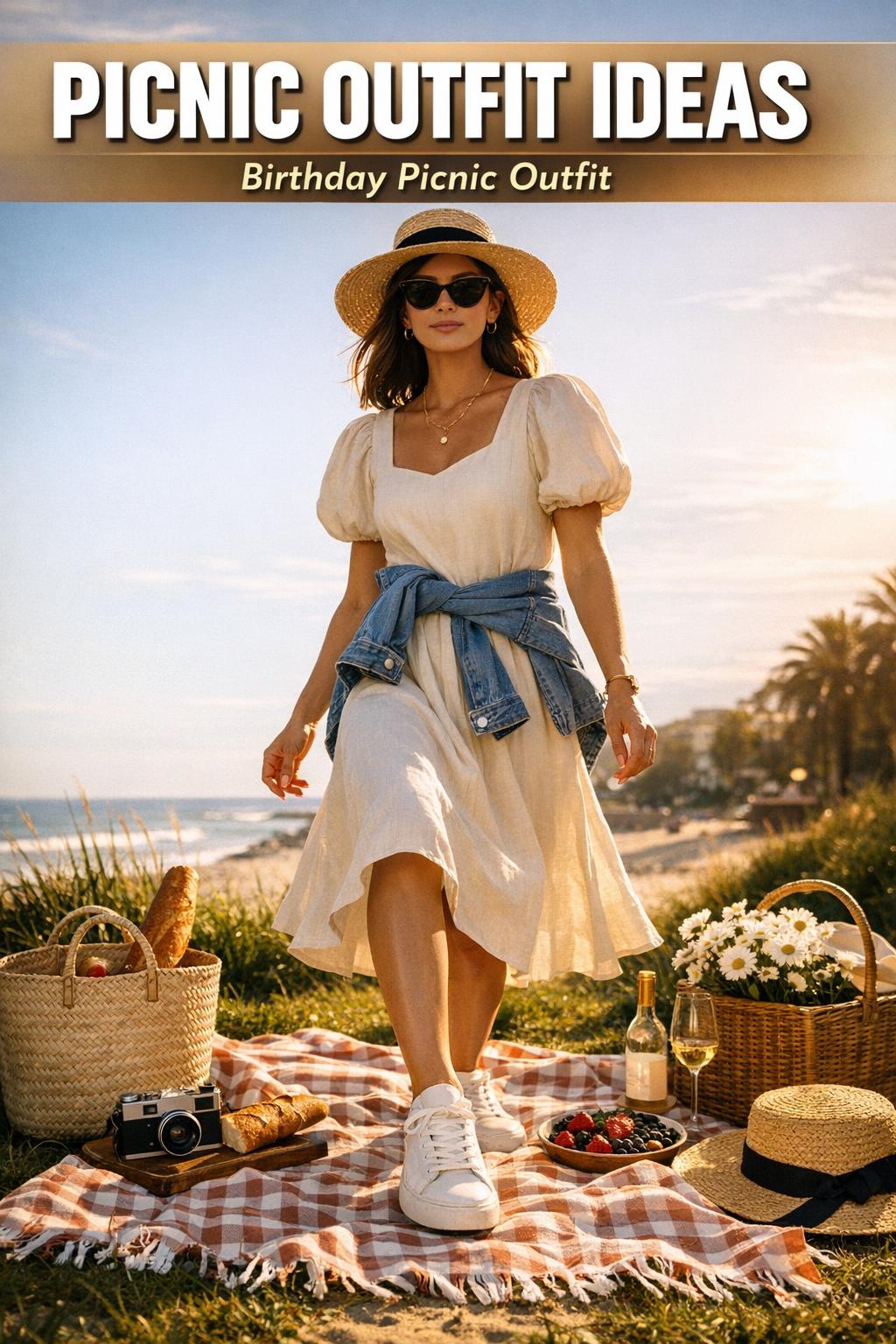 Woman in a stylish picnic outfit by a blanket and basket, picnic outfit ideas for a sunny day