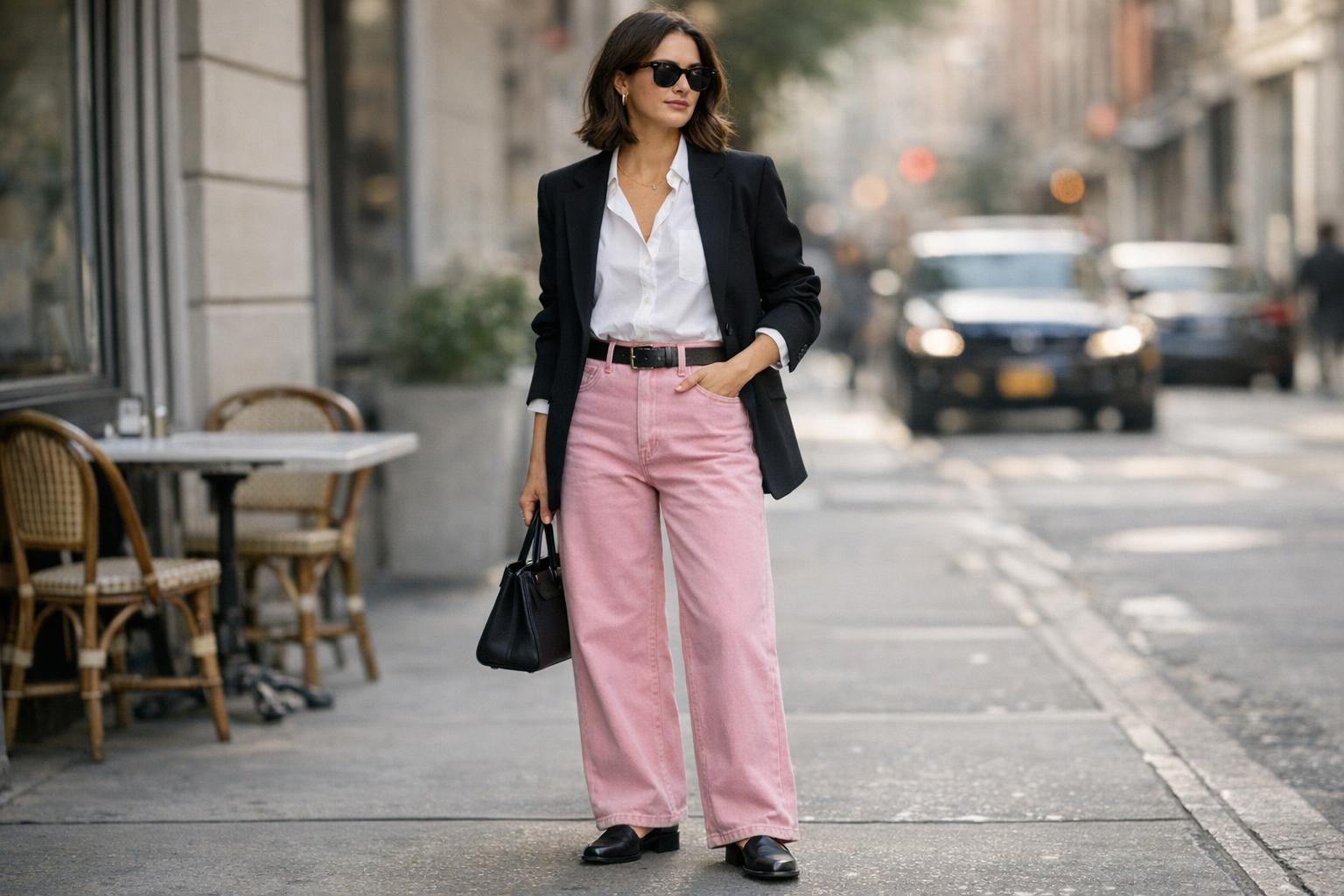 Editor-Off-Duty Pink Jeans Outfit for City-Chic Polish