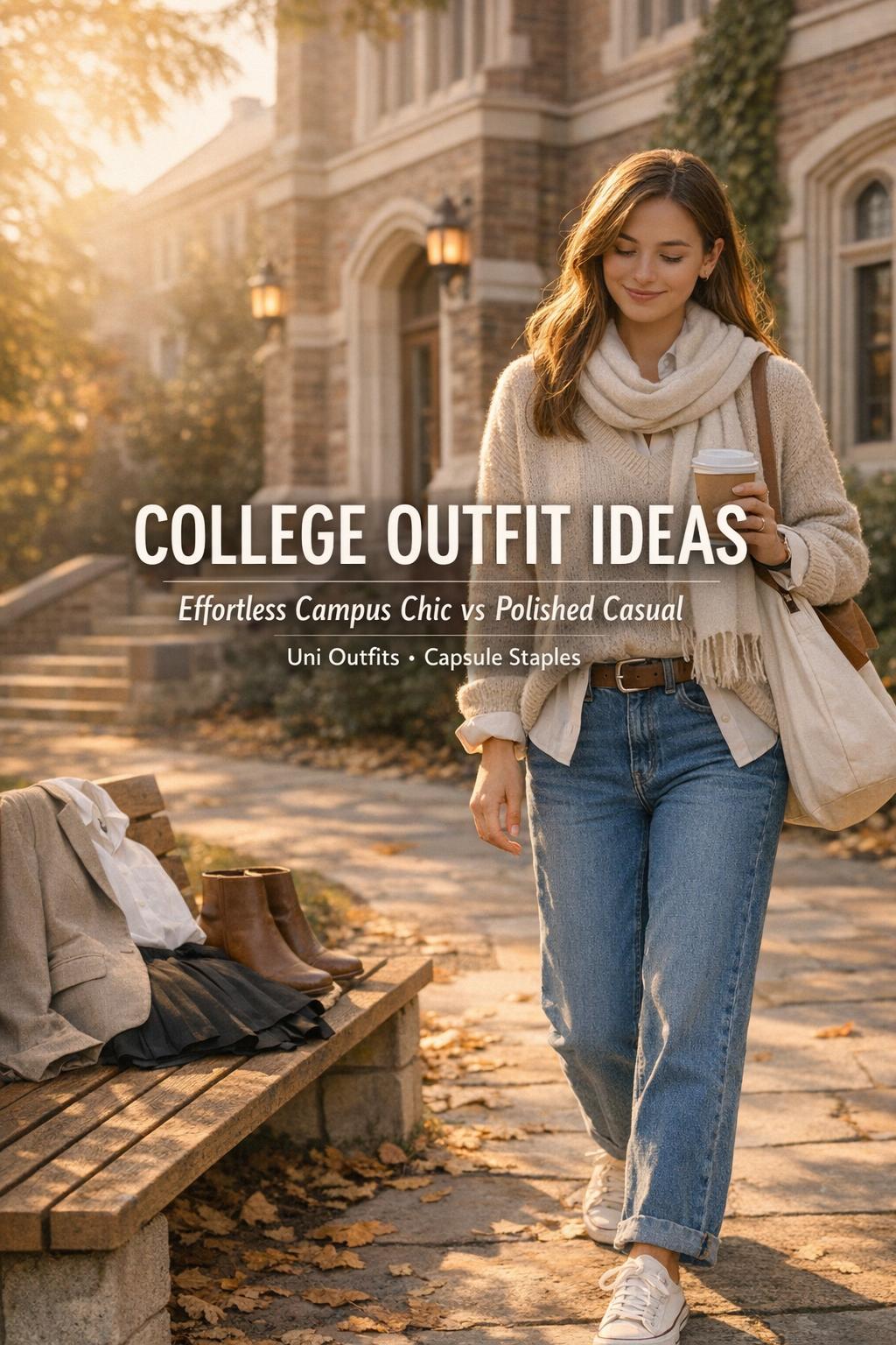 College outfit ideas photo of a stylish student walking past an ivy brick library at golden hour with tote and coffee