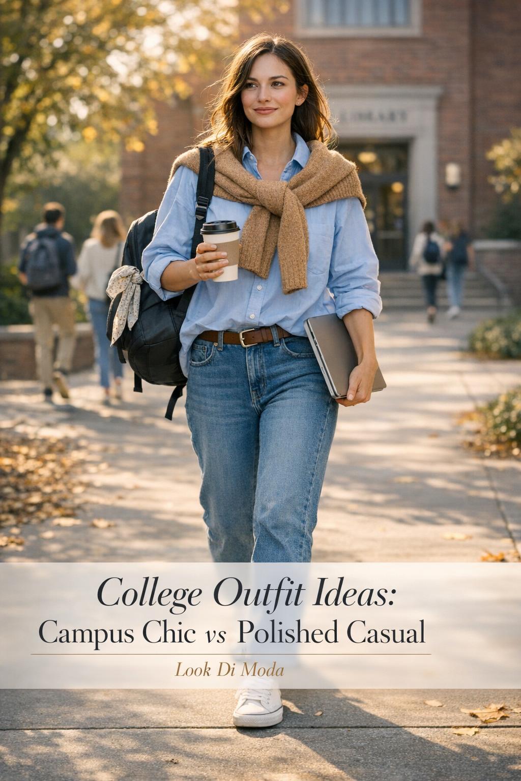 College outfit ideas on a modern campus walkway: woman in layered sweater and jeans holding coffee and laptop at golden hour.
