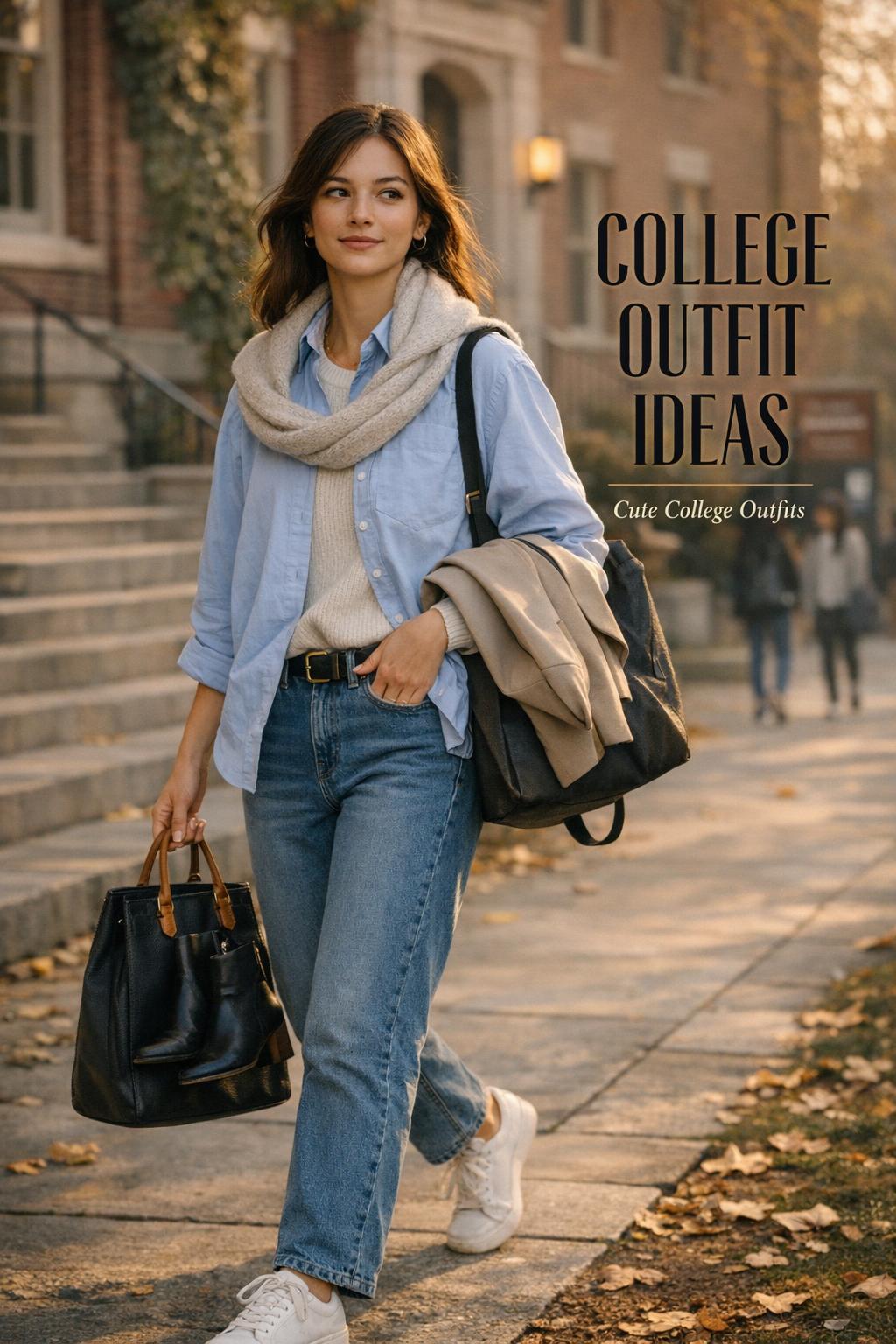 College outfit ideas: stylish student in layered campus chic look walking by an ivy-covered red-brick building at golden hour