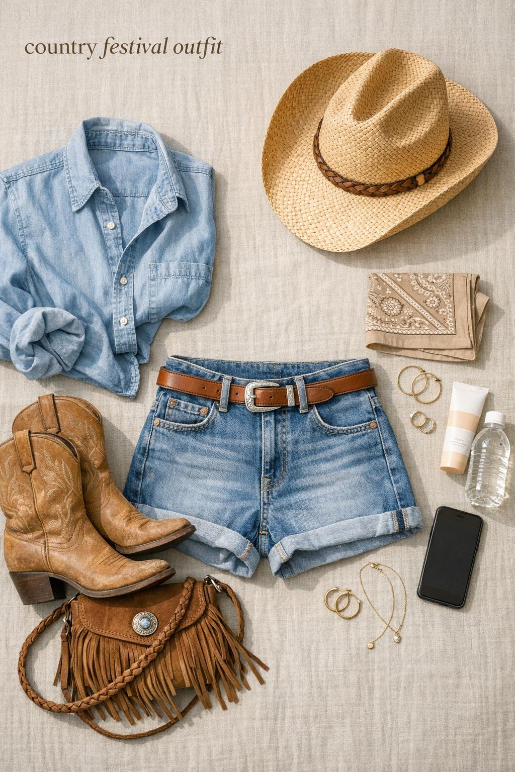 Country festival outfit flat lay with cowgirl boots, denim shorts, chambray shirt, straw hat, and festival essentials