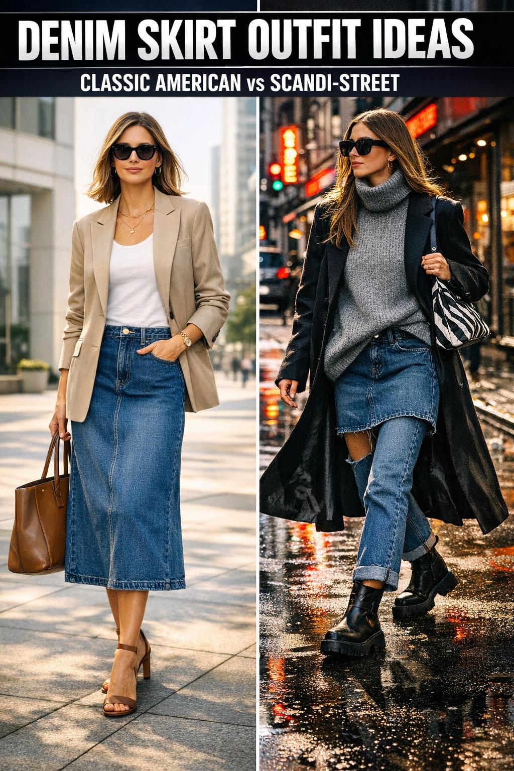 Denim skirt outfit ideas featuring a casual street style look with a blue jean skirt and white top.