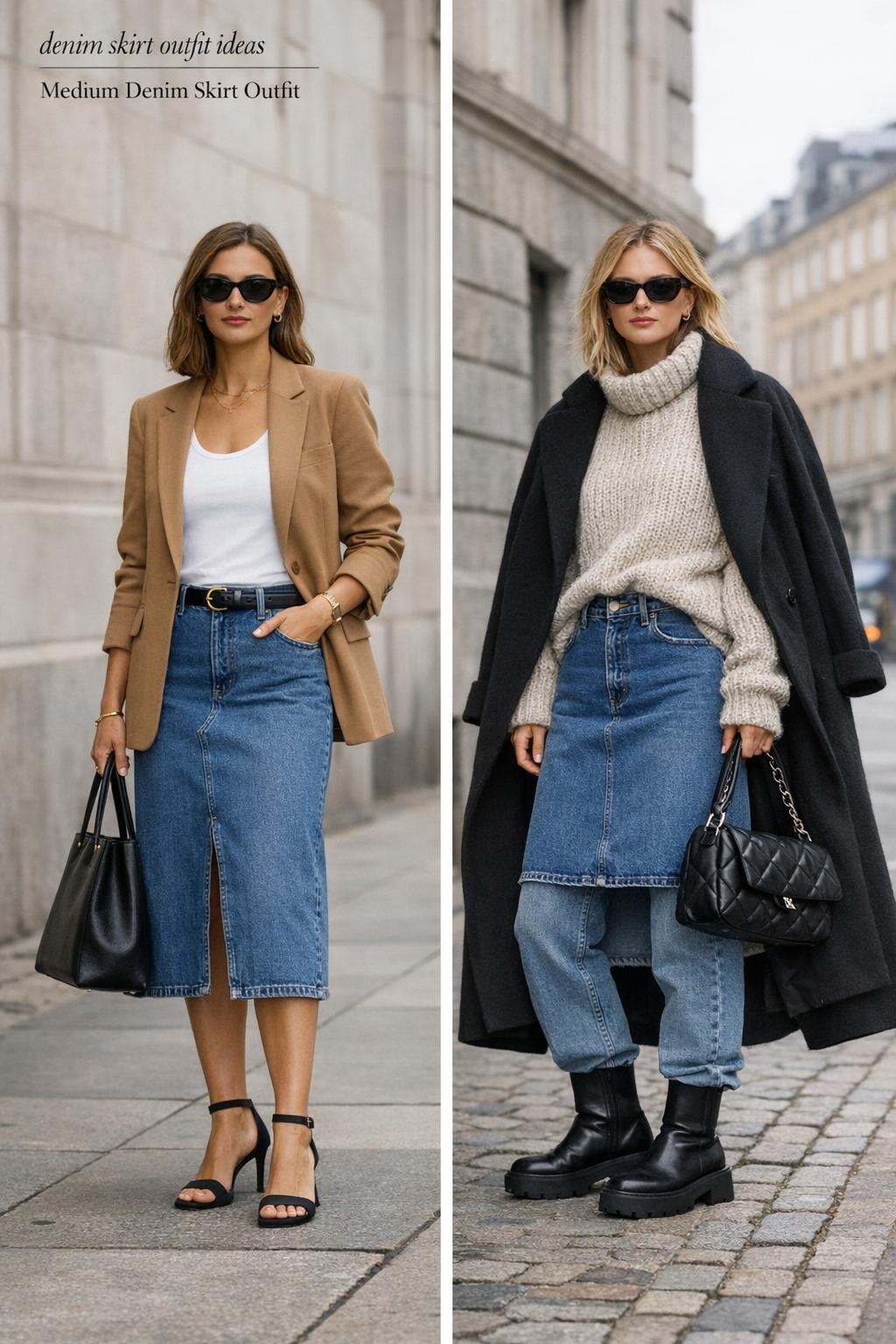 Denim skirt outfit ideas in a Copenhagen street photo showing classic American and Scandi-street denim midi skirt looks.