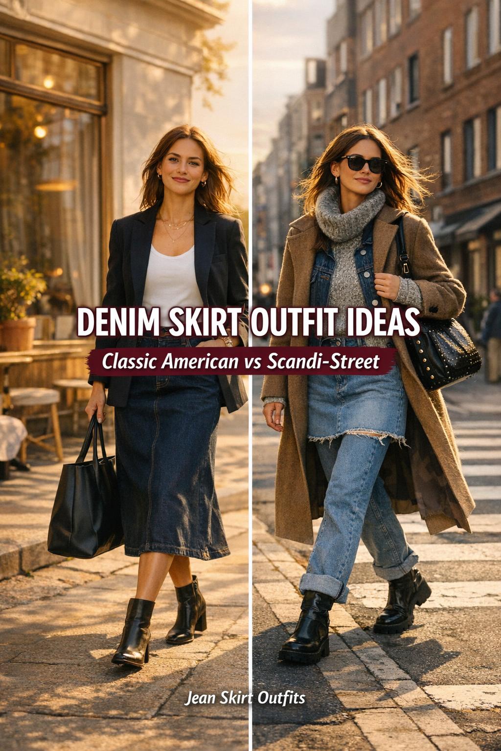 Denim skirt outfit ideas split lookbook showing classic American blazer look vs Scandi-street layered skirt-over-jeans style